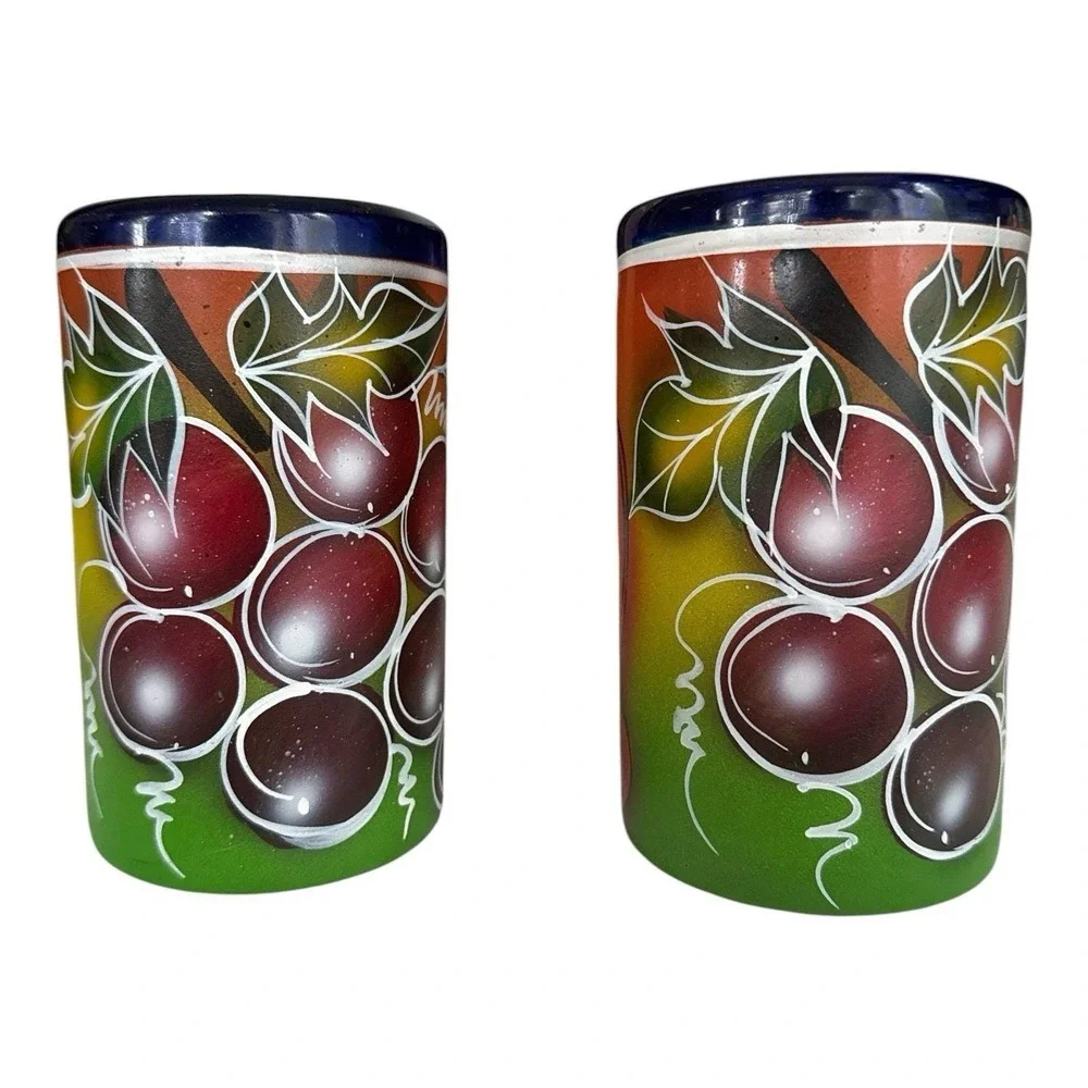 Vintage Mexican Hand Blown Painted Fruit Glass Tumblers Cobalt Blue Rim Set